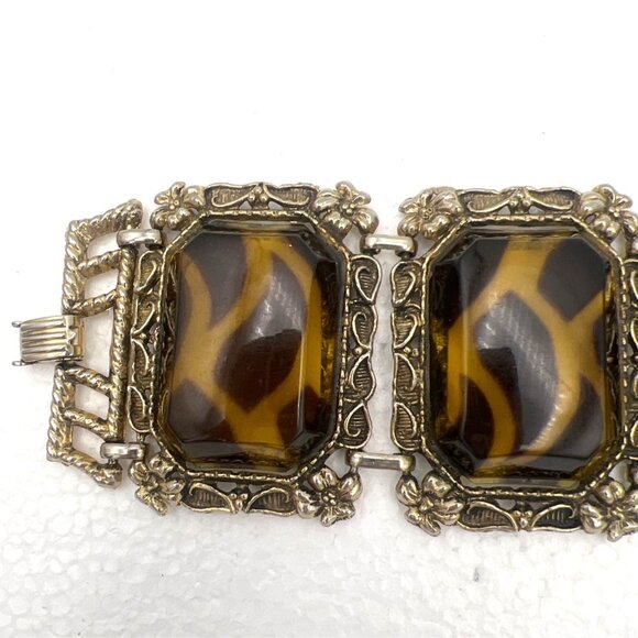 Vintage Animal Print Chunky Bracelet Lucite Brown Gold Cabochons Gold Tone  READ - Picture 7 of 11